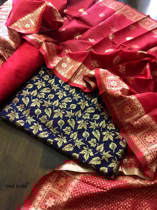 Brocade Suit Fabric With Banarasi Work Stole : Blue