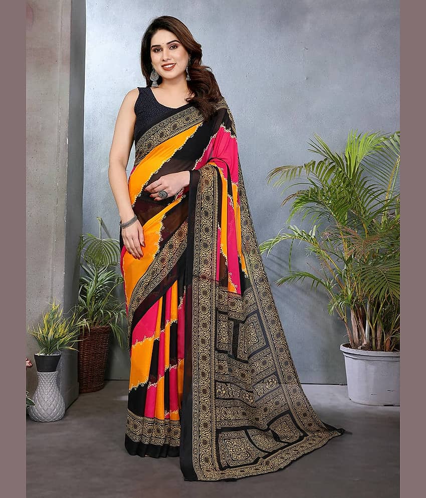 TTH Georgette Printed Bandhani Sarees With Unstitched Blouse Piece ( Pink )