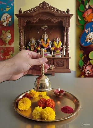 Gold Brass Pooja Bell, Traditional Ghanti For Mandir, Home & Office Temple