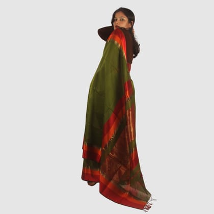 Graceful Olive Green Maheshwari Silk Cotton Handloom Saree with Vibrant Red and Gold Zari Border