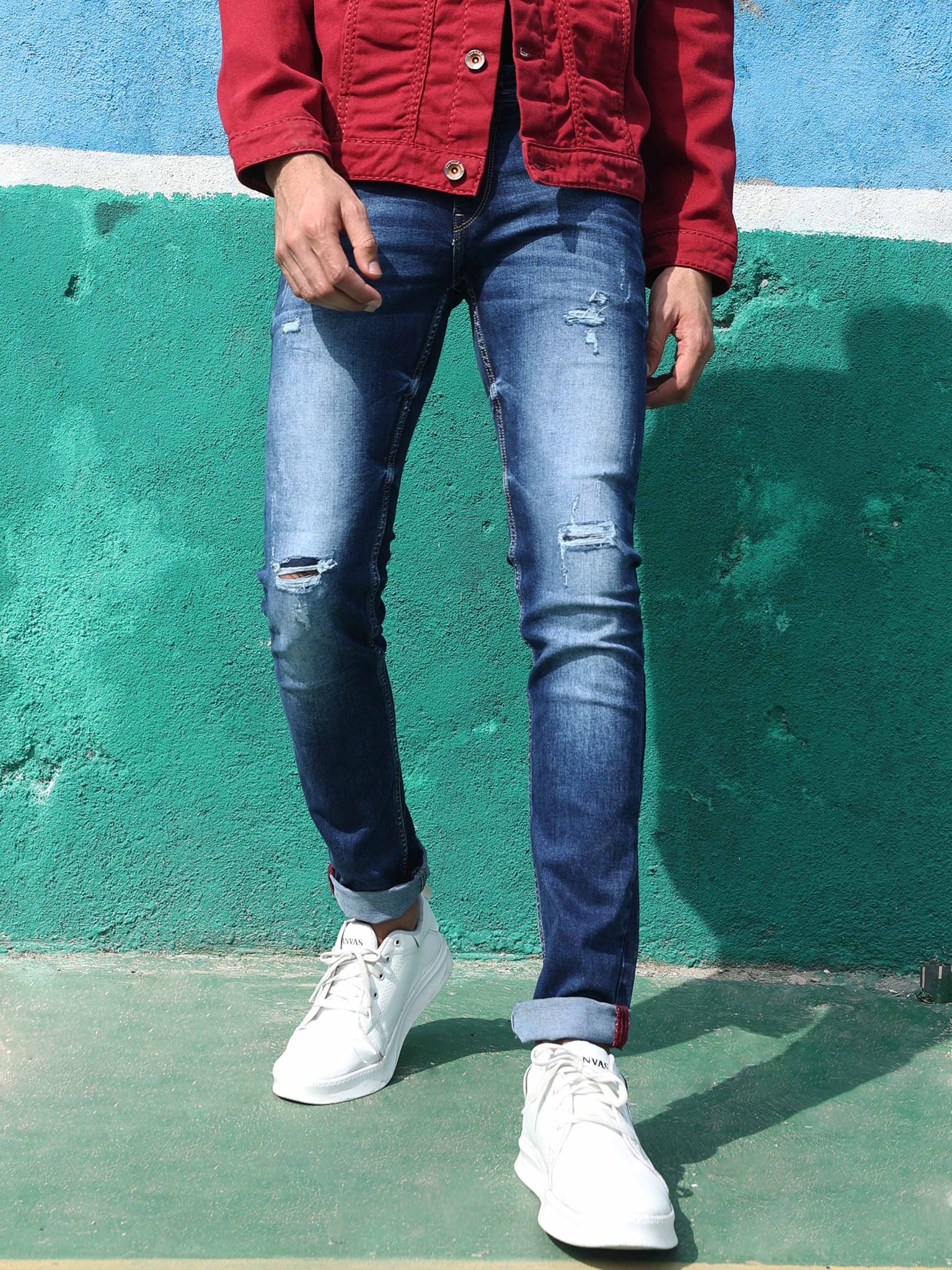 Men's Blue Distressed Slim Fit Jeans | Rick Rogue-32