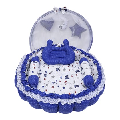 LOREM Multicolor 3 Pillow with Mosquito Protection Net & Round Shape Cotton Baby Bed for 0-1 Year BB19-21