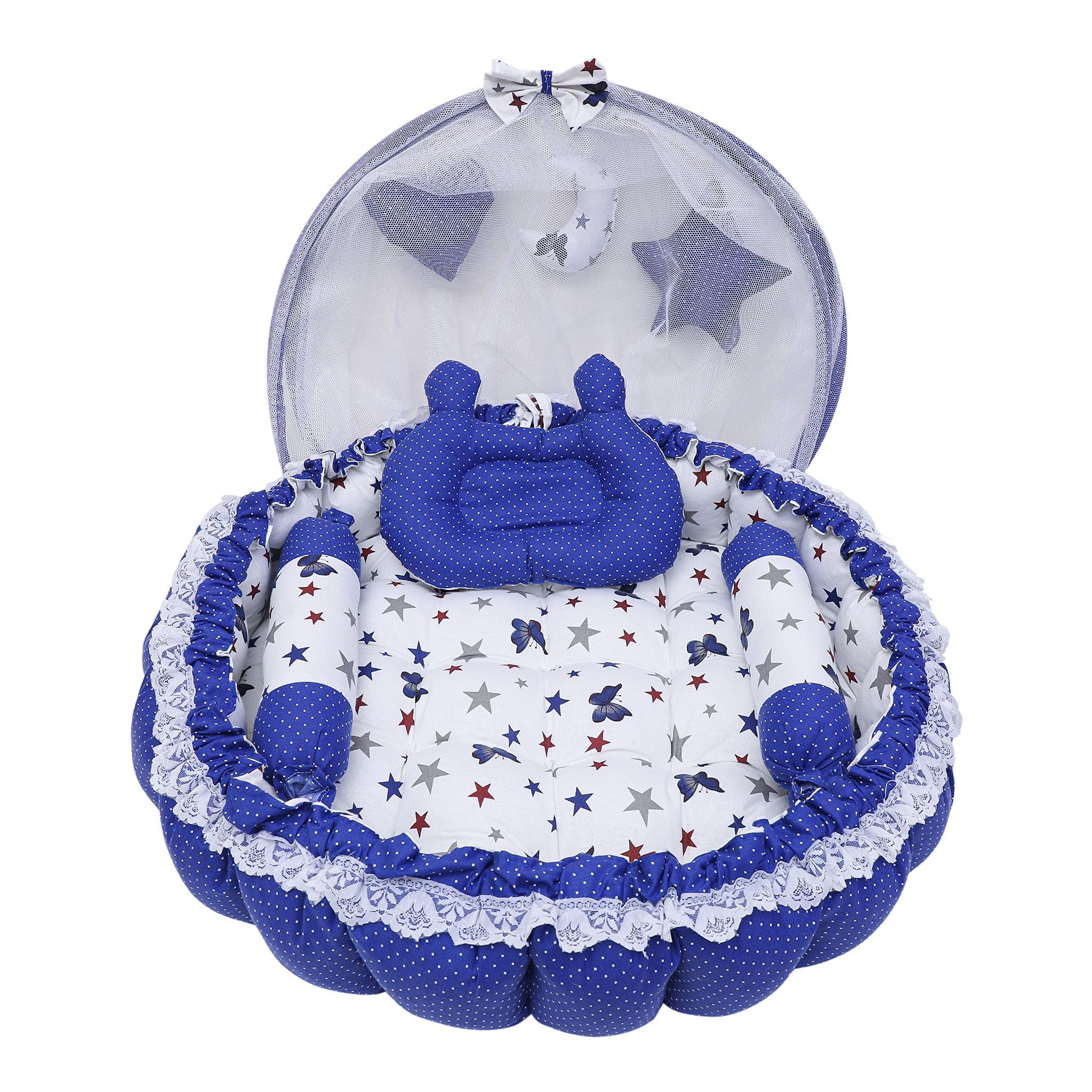 LOREM Multicolor 3 Pillow with Mosquito Protection Net & Round Shape Cotton Baby Bed for 0-1 Year BB19-21