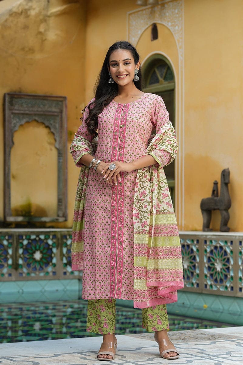 Pink Cotton Ethnic Motifs Printed Suit Set VKSKD1189