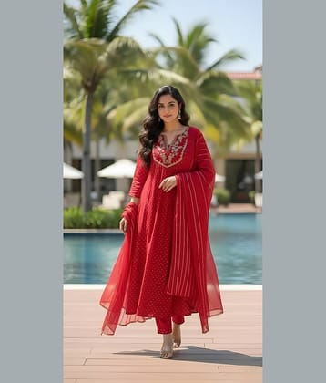 Hiva Trendz Women Polyester Solid Straight Kurti With Pants ( Red )