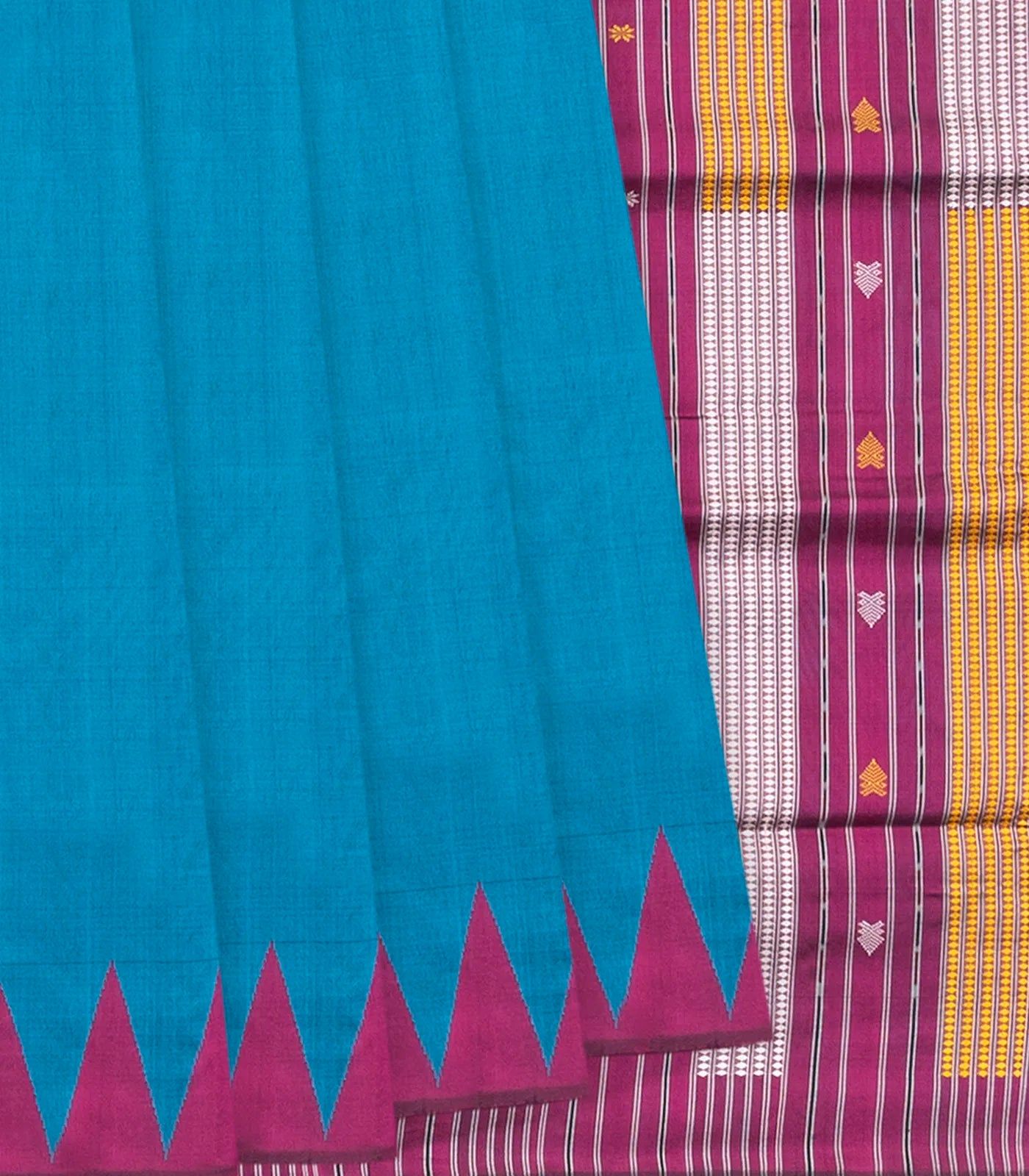 Cyan Handloom Orissa Silk Saree With Temple Border & Stripped Pallu-Cyan-Cyan