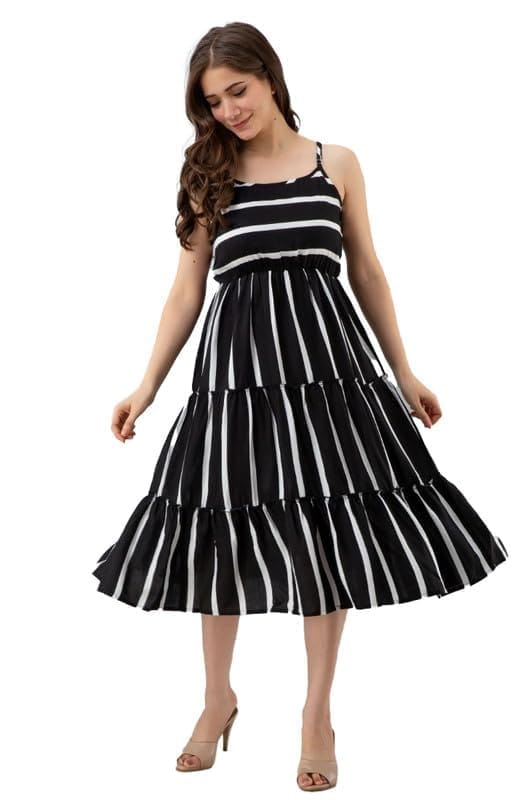 Women's Casual Sleeveless Striped Crape Dresses (Black, L)-PID46923