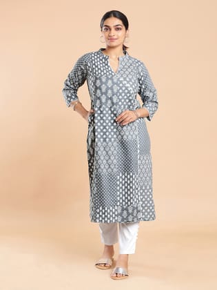 Kalyan Silks White Color Ethnic Motif Print Designed Dark Ash Kurti Top