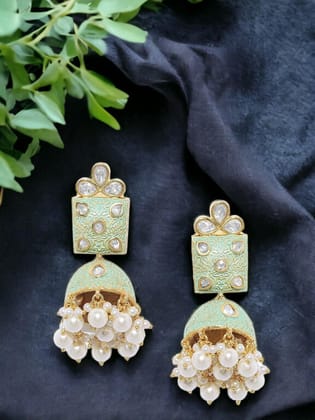 Women Gold-plated Brass Hand Cut Green Enamel with paerls Dome Shaped Jhumkas