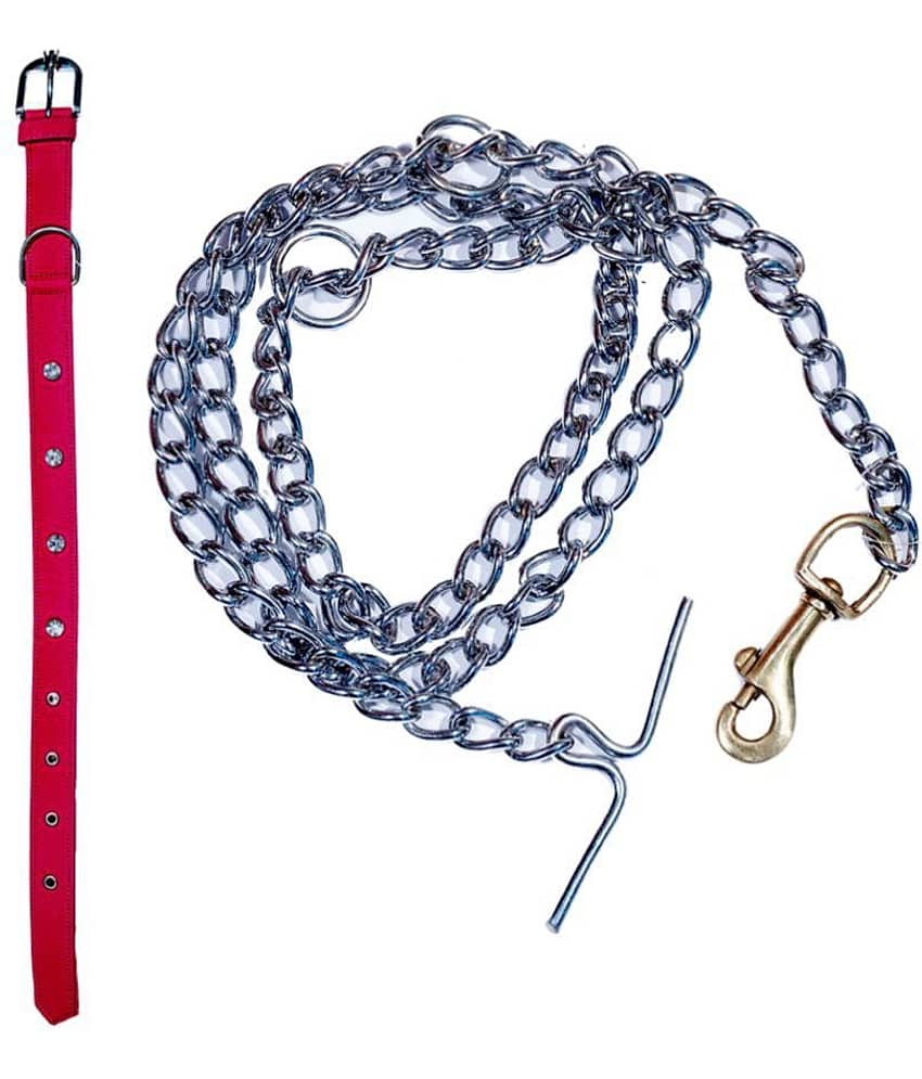 Tame Love Premium quality imported stone stud fancy Collar leash for giant dogs (1.25 inches) available in Pink color and Brass Hook Stainless Steel Leash for dog (152 cm)