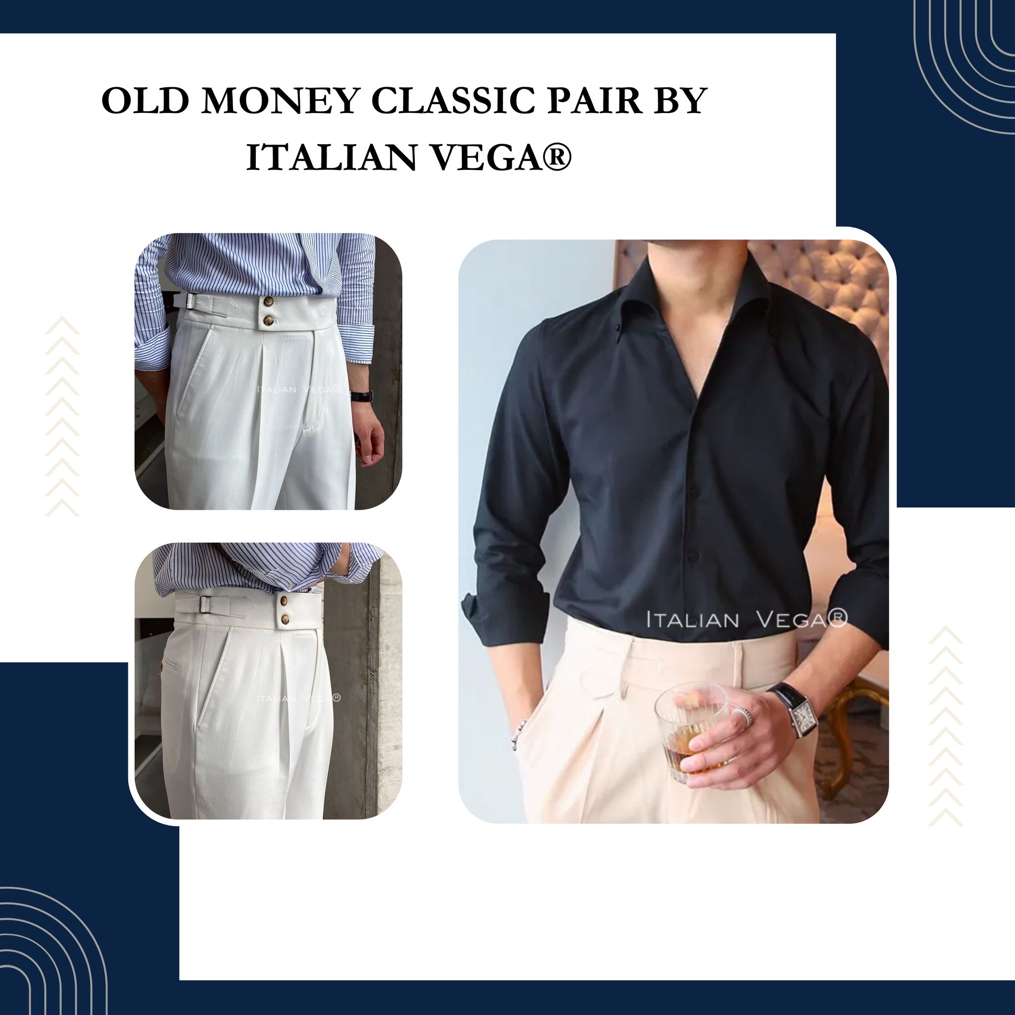 Old Money Black Shirt with White Signature Buttoned Gurkha Pant by ITALIAN VEGA®-XXL / 36