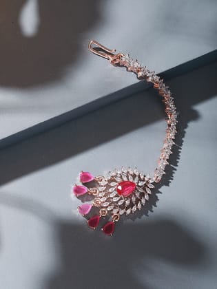 Rose Gold Plated White AD & Red Zircon Studded Elegant Mang Tika