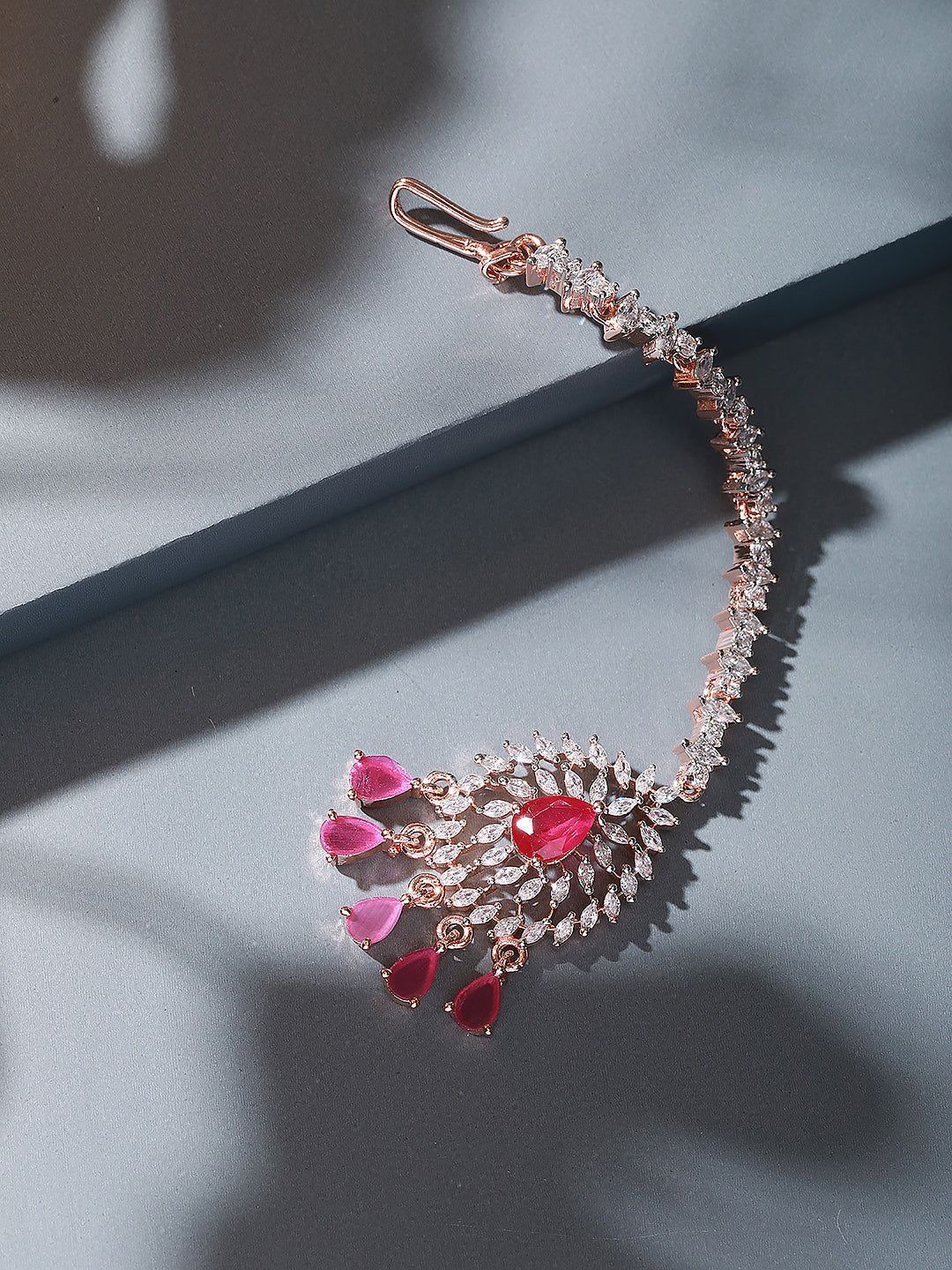 Rose Gold Plated White AD & Red Zircon Studded Elegant Mang Tika