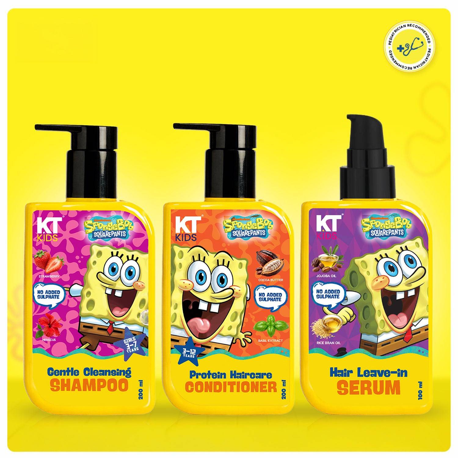 KT Kids Haircare Trio Combo – Gentle Cleansing Shampoo for Girls, 3–7 Years + Conditioner/Protein Haircare Cream + Hair Leave-In Serum - 500ml