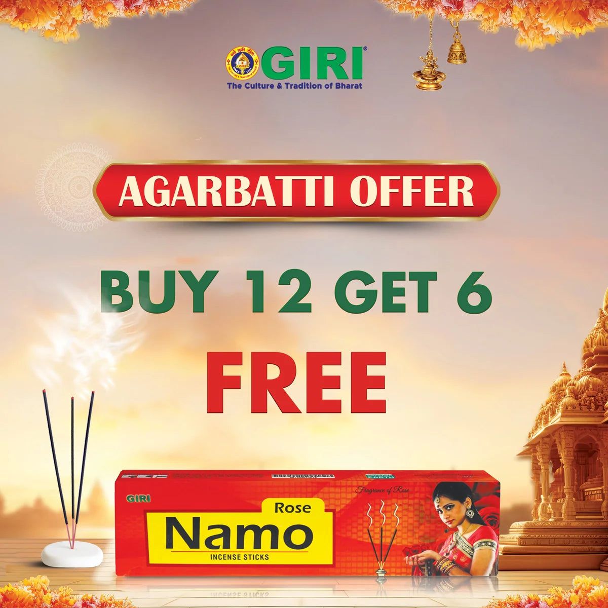 Giri Incense Sticks Pack | Buy 12 Get 6  | Scent Sticks Combo  | Agarbatti Pack  | Agarbathi Combo Pack for Pooja  | Scent: Namo Rose