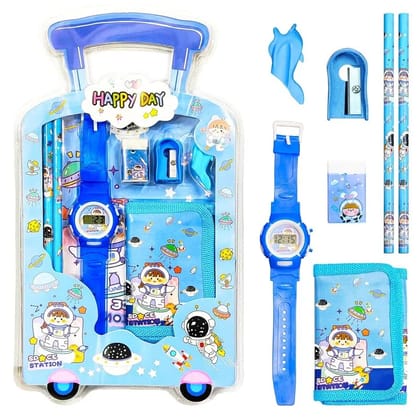 Nanha Bazaar 7 Pcs Stationery Set for Kids - with Pencil, Eraser, Sharpener, Wrist Watch and Purse - Birthday Return Gift - Multiple Color Available