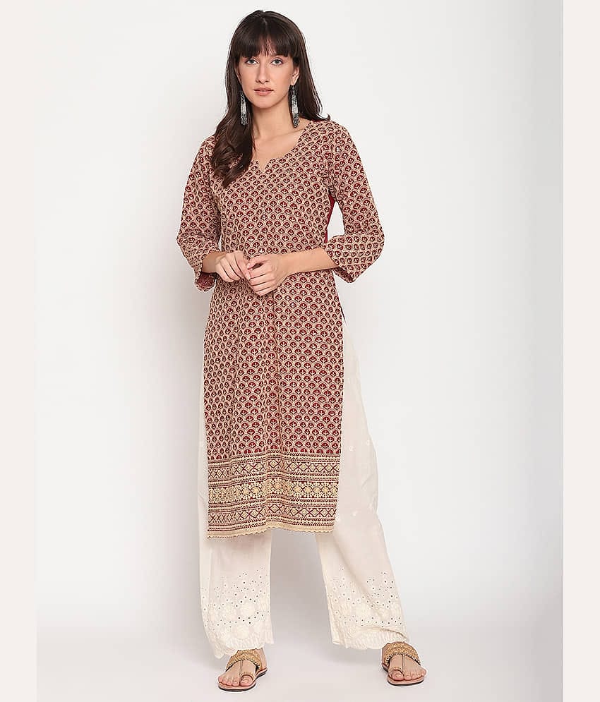 Queenley - Brown Cotton Women's Straight Kurti ( Pack of 1 )