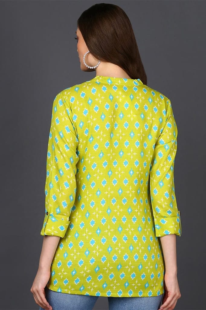 Top Women Lime Green Cotton Blend Geometric Print Straight Tunic VT1226 2026 at ShopCircuit | ON