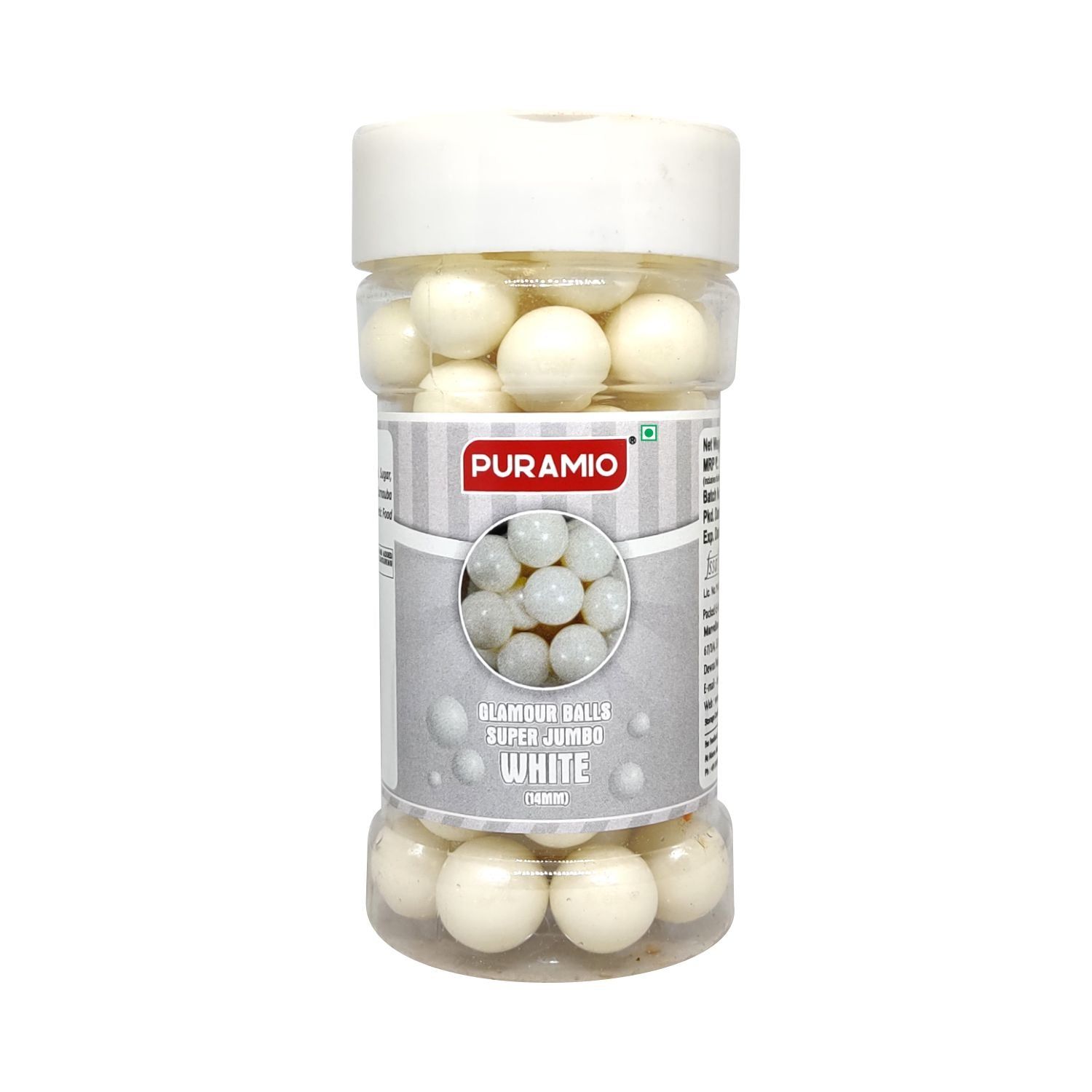 Puramio Glamour Balls Super Jumbo - White (14mm) For Cake Decoration, 125 gm