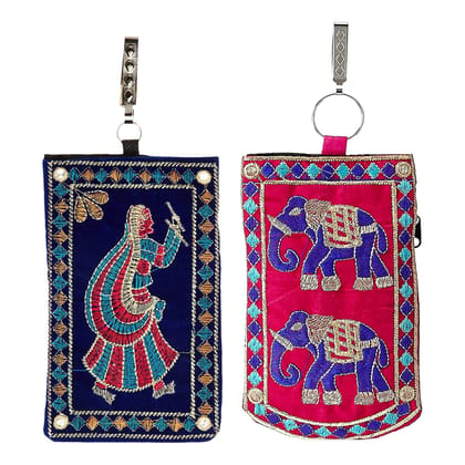 Kuber Industries Mobile Cover | Mobile Cover with Saree Hook | Mobile Bag Pouch for Woman | Wedding Mobile Cover | Embroided Velvet Mobile Cover | Pack of 2 | Assorted Assorted