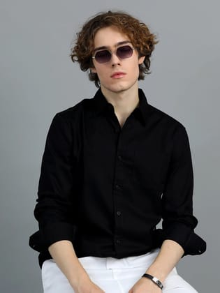 Textured Men Shirt, Regular Fit, Pure Cotton, Full Sleeve, Black-M
