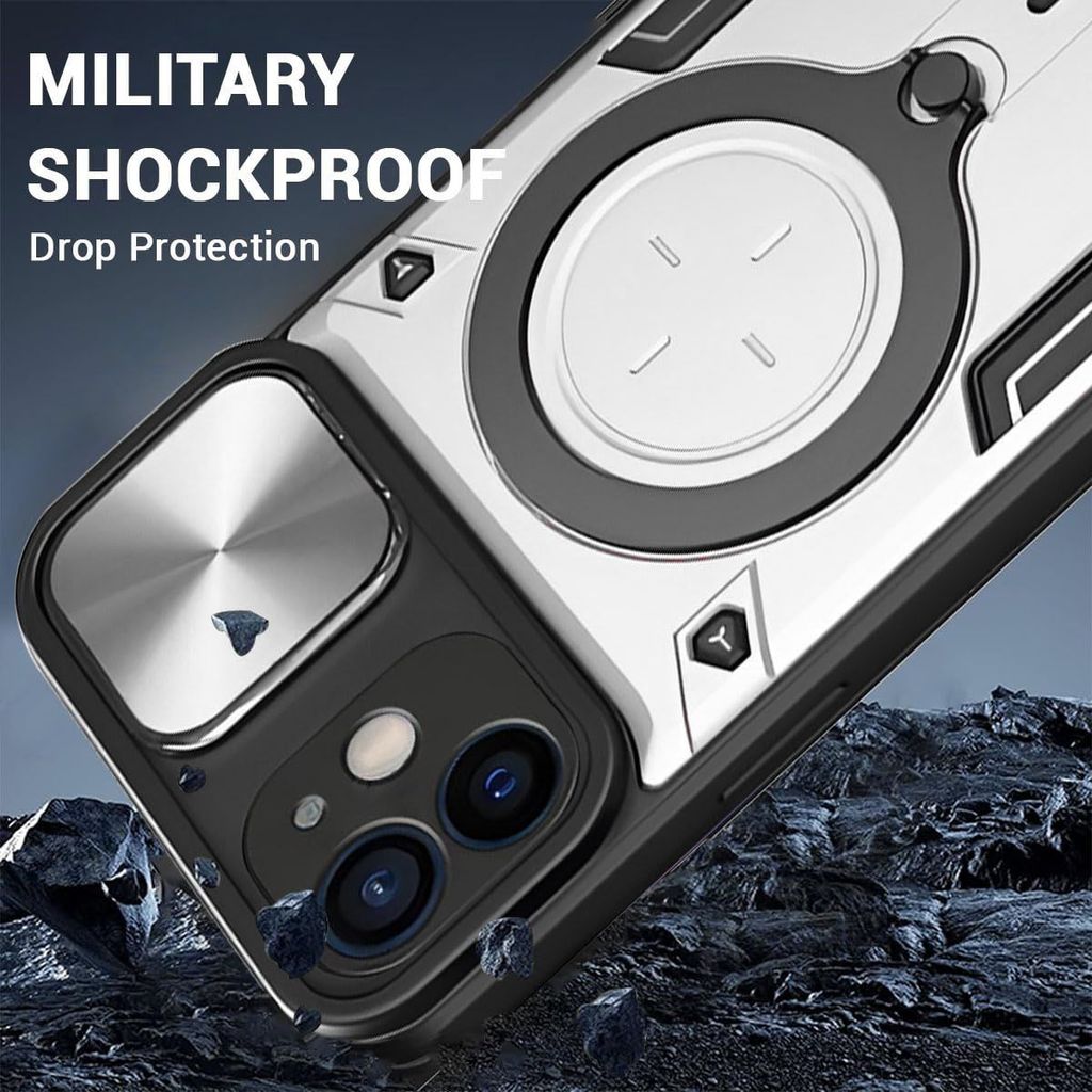 LIRAMARK Case Compatible with Apple iPhone 12 (6.1 inch) with Stand & Slider Camera Military Grade Drop Protection