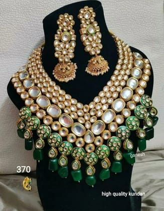 ZEVAR | Royal Green Beads & Kundan Studded Necklace With Earrings