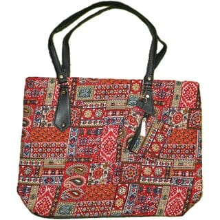 Ethnic Indigo Patchwork Tote Bag with PU Leather Shoulder Handles Ethnic Indigo Patchwork Tote Bag with PU Leather Shoulder Handles