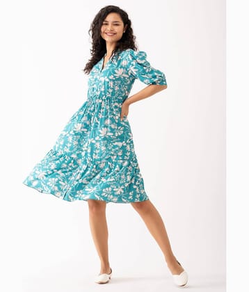 aask Women Polyester Blend Printed Fit & Flare Dress ( Light Blue )