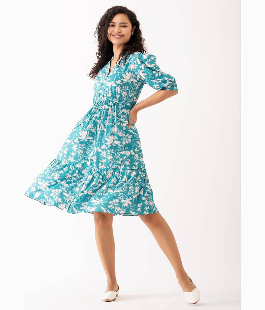 aask Women Polyester Blend Printed Fit & Flare Dress ( Light Blue )