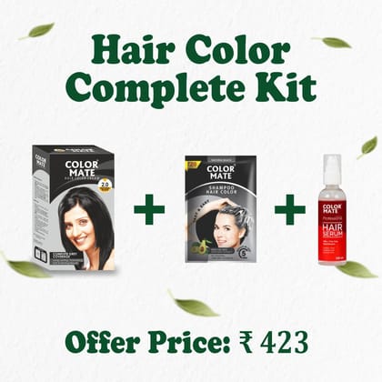 Color Mate 3-in-1 Hair Color & Care Combo – Natural Black | Hair Color Cream (60ml) + Color Shampoo (15ml) + Hair Serum (100ml) | Ammonia-Free | Full Coverage + Instant Touch-Up + Shine