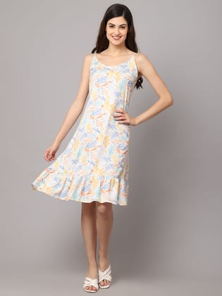 Leaf Print Short Frill Dress - Multicolor-M / Multicolor