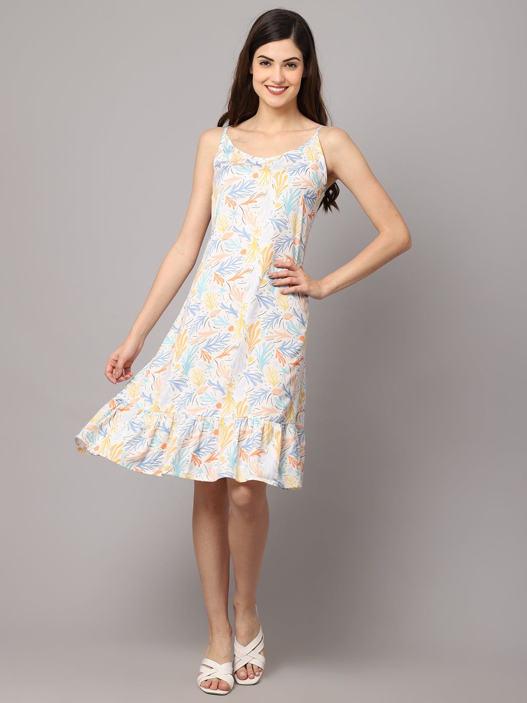 Leaf Print Short Frill Dress - Multicolor-L / Multicolor