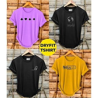 Fashlook Printed Round Neck Polyester Half Sleeve Multicolor T-Shirt For Mens (Pack of 4)