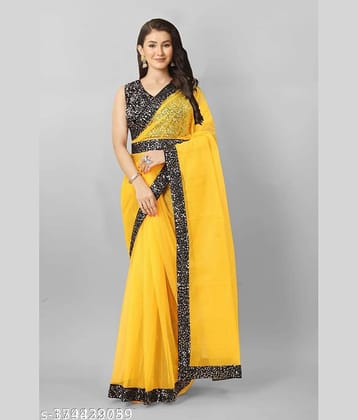 Shivadit ethnic Net Embroidered Saree With Unstitched Blouse Piece ( Yellow )