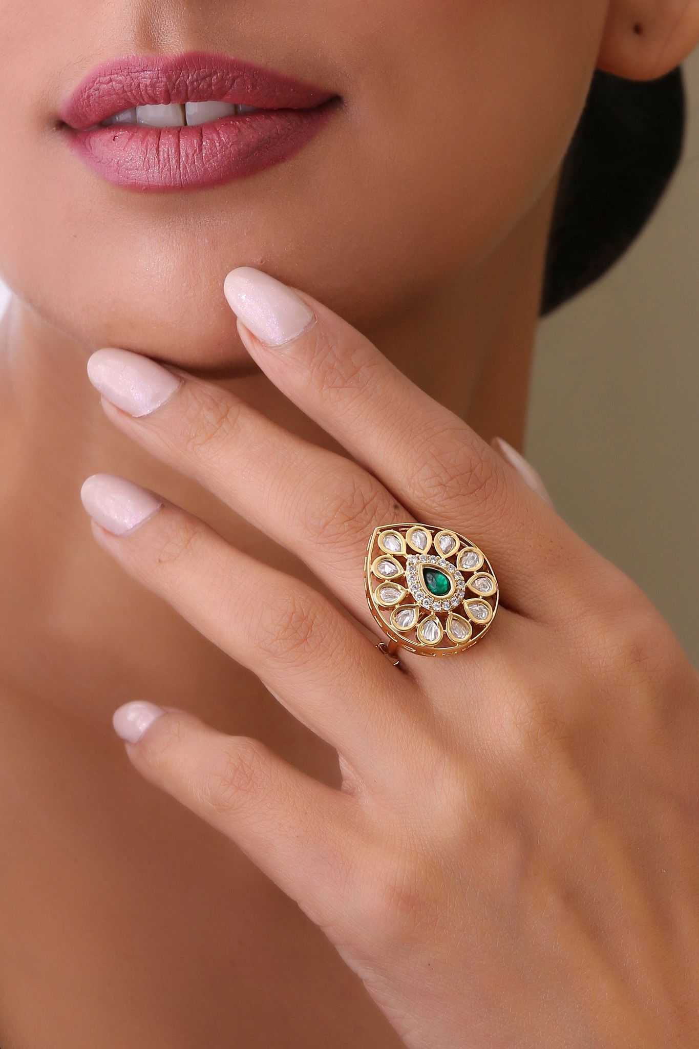 Raanjha Green Gold Plated Kundan Ring-Kundan