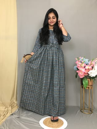 Kalamkari Ajrakh Blue - Maternity Kurti with Feeding Zips - Pure Cotton - Cotton Flex - Thicker Fabric-44 - 46 ( XXL - 3XL )