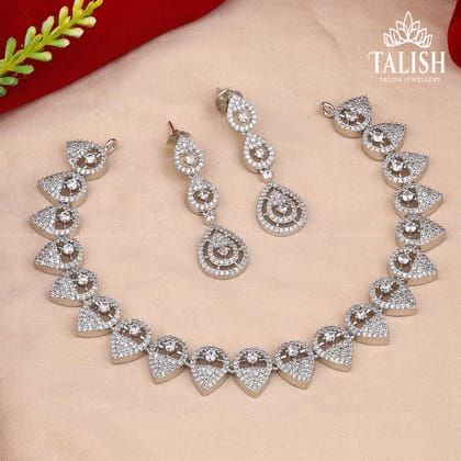 Silver-Plated Teardrop & Heart Design Necklace Set with American Diamond Stones