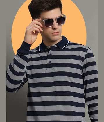 GET GOLF Pack of 1 Cotton Blend Regular Fit Striped Full Sleeves Men's Polo T Shirt ( Navy )