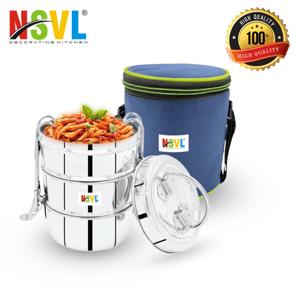 NSVL Stainless Steel 3 Compartment Lunch Box/Tiffin with Insulated Pouch 11 Cm Plain (1150ML, Silver)