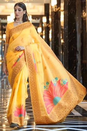 Naples Yellow Zari Woven Linen Silk Saree