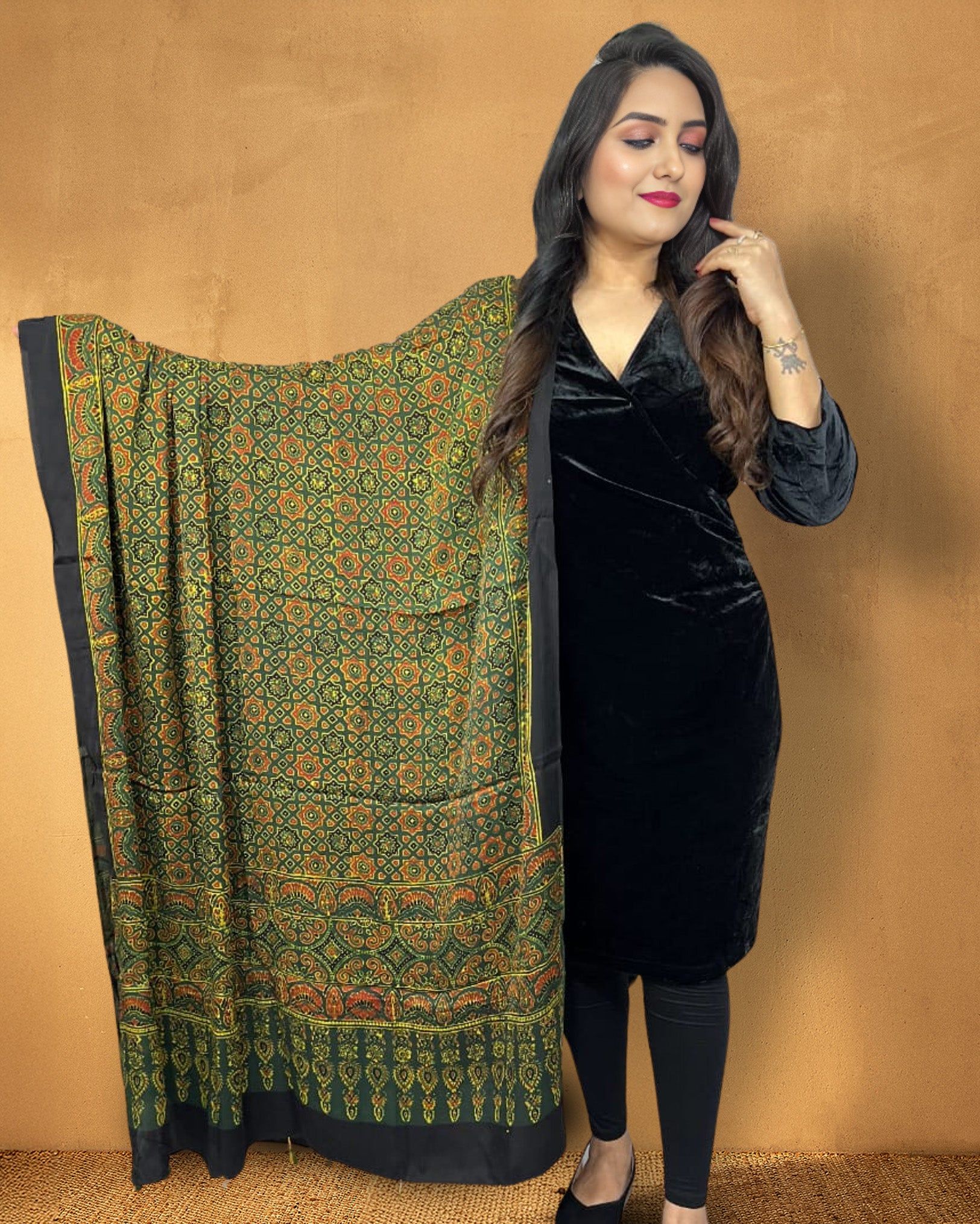 Ethnic Echoes Verdant Green Modal Silk Ajrakh Dupatta