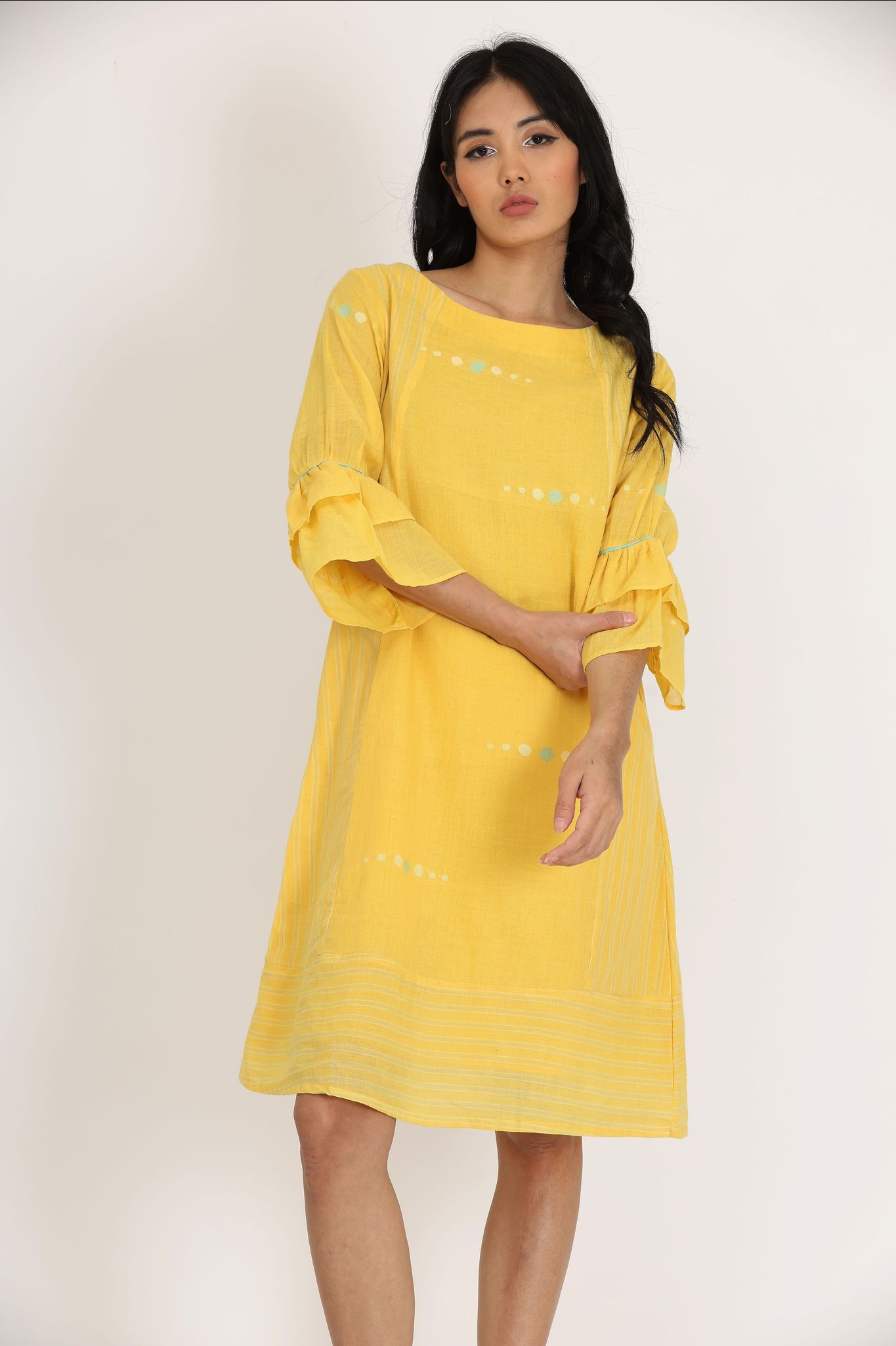 Double Layer Frill Sleeves Dress (Yellow)-XS