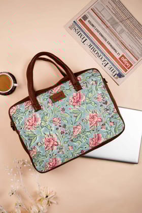Summer Sorbet Hand Block Printed Aqua Laptop Bag-16 X 4 X 11.5 in / Green / Green