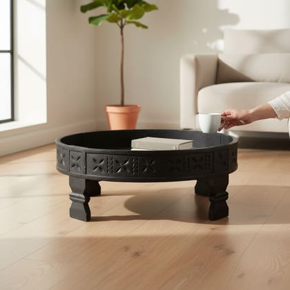 BAANMATA INTERNATIONAL Drawing-Room Decors Round Coffee-Table,Wooden Carved Grinder-Table Cum Moon-Table,Home Living Multipurpose Chakki-Table
