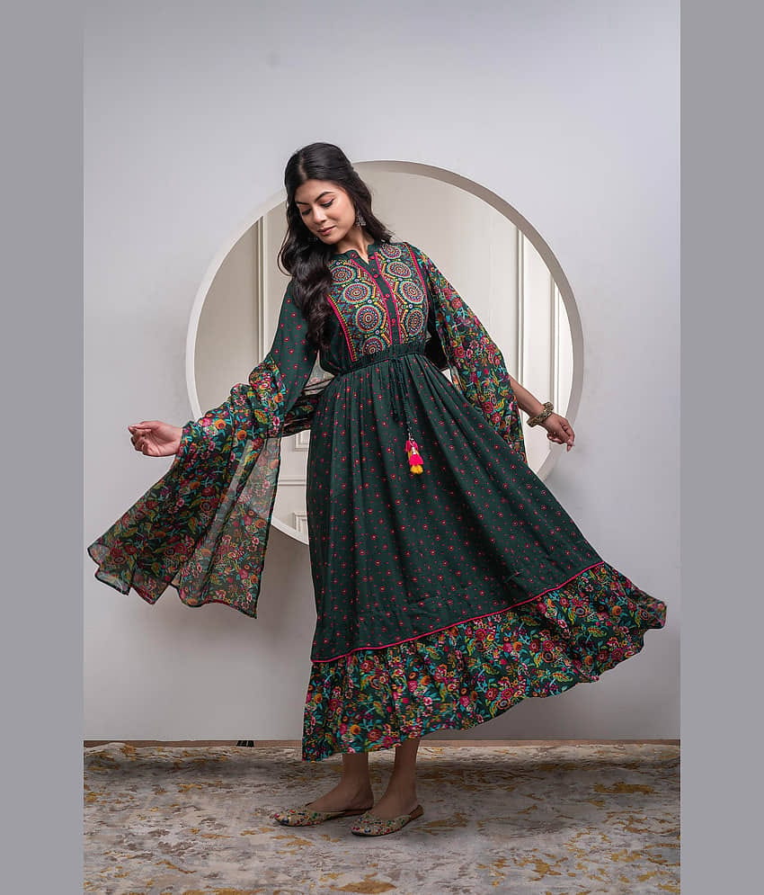 Juniper Women Viscose Printed Fit & Flare Dress ( Green )