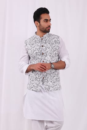 Black and White Floral Hand Block Cotton Nehru Jacket-48