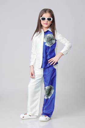 Placement Royal Floral Shirt And Pant Co-Ord Set For Girls-1 Year / Royal Blue