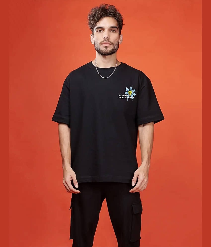 Veirdo Pack of 1 100% Cotton Oversized Fit Men's T-Shirt ( Black )