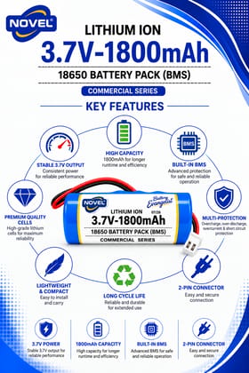 NOVEL 3.7V BMS 18650 LITHIUM ION SINGLE BATTERY WITH JST 2PIN- 1800mAh
